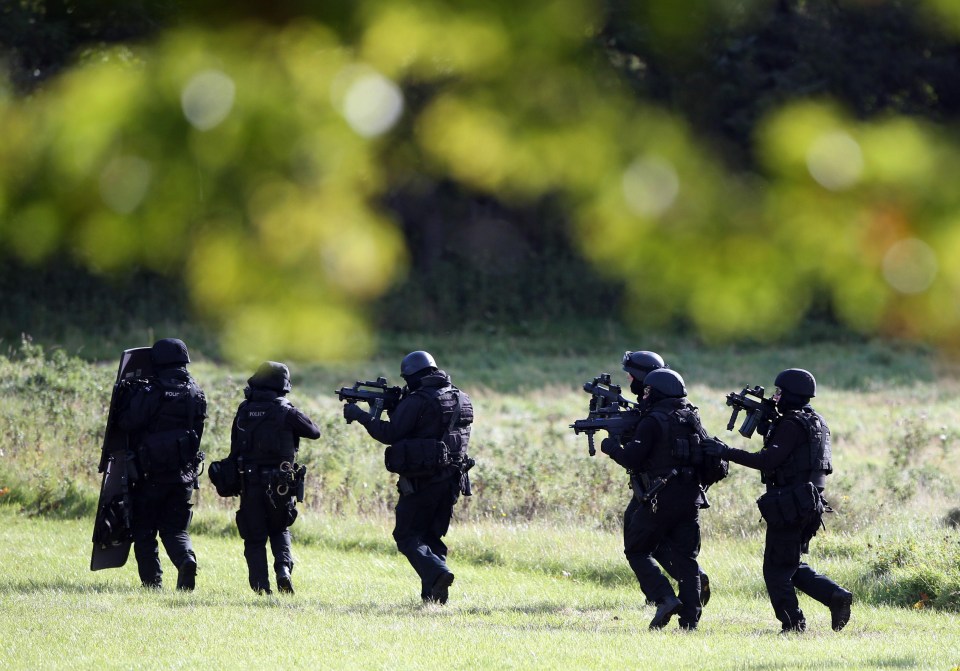 Dozens of armed police carrying automatic rifles were deployed to counter the simulated jihadi threat