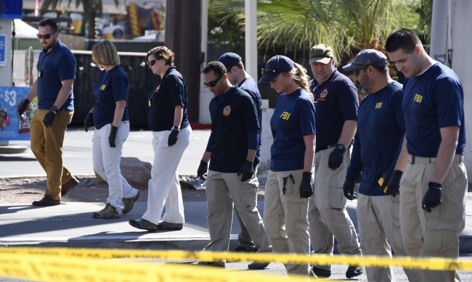 The FBI are seen sweeping the road for evidence after the gun massacre 