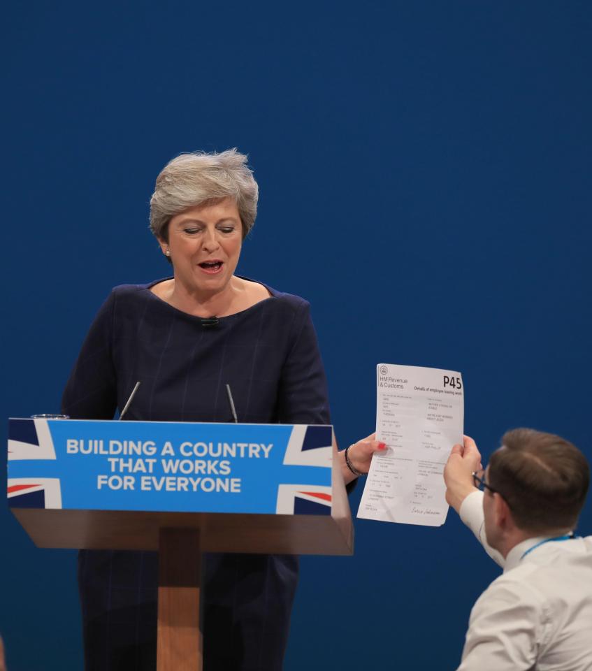  One big shamble was a prank where TV Prankster Simon handed Mrs May a P45 form 'from Boris' while she was on stage speaking