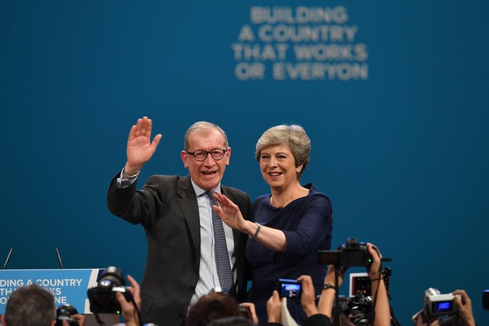  Theresa May in front of the disintegrating backdrop at Tory conference