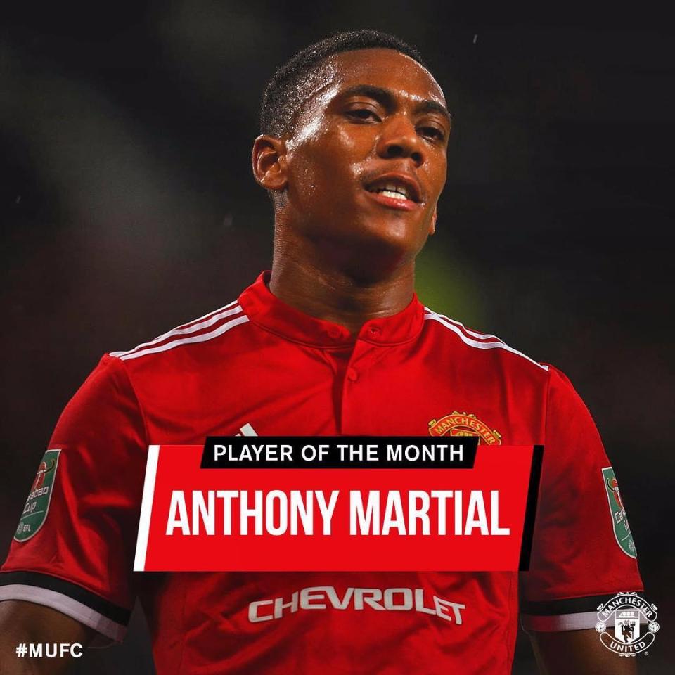  Frenchman Anthony Martial was voted September's Player of the Month by United fans