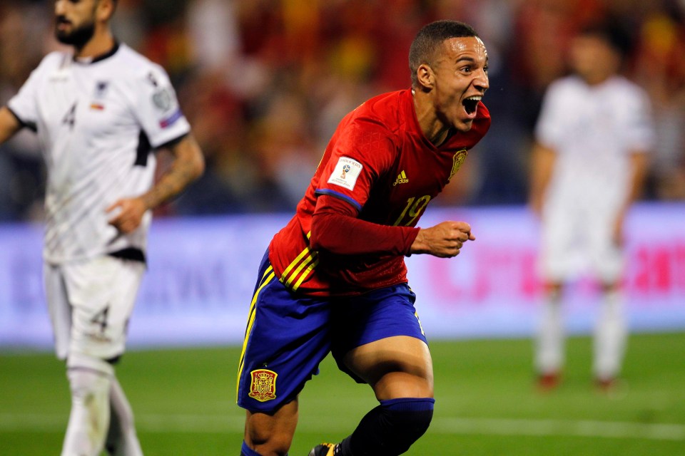 Rodrigo wheels away overjoyed at his first goal for Spain