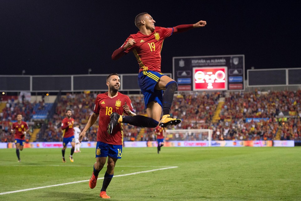 Valencia striker Rodrigo leaps for joy celebrating his first Spain goal