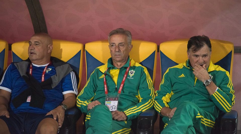  Gabon chief Jose Alfaro Camacho (centre) watches his side's defeat