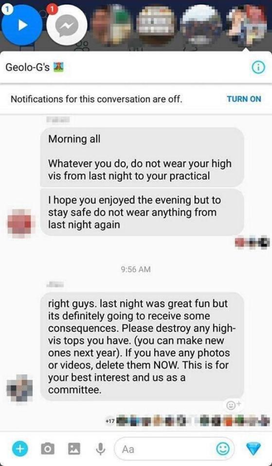  Messages on the student's private group chat reveal them attempting to cover up the incident