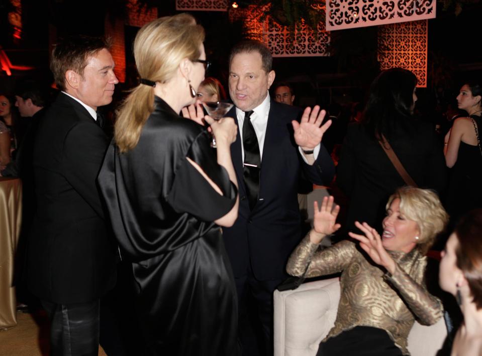  Emma Thompson, pictured here with Harvey Weinstein at a 2014 Golden Globes after party, compared the allegations to the Jimmy Savile scandal