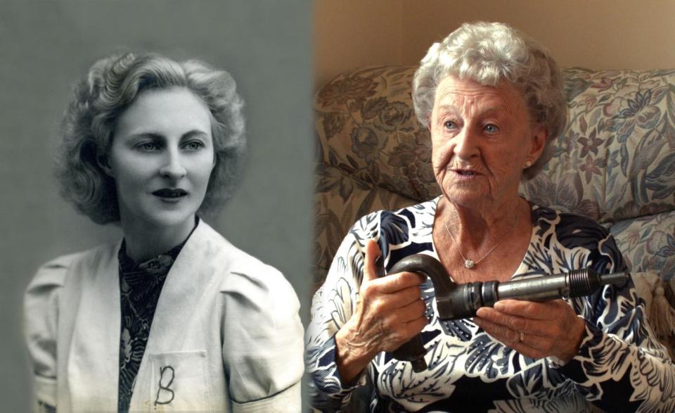  Betty, who worked on the iconic warplanes as a riveter, pictured during World War Two and today