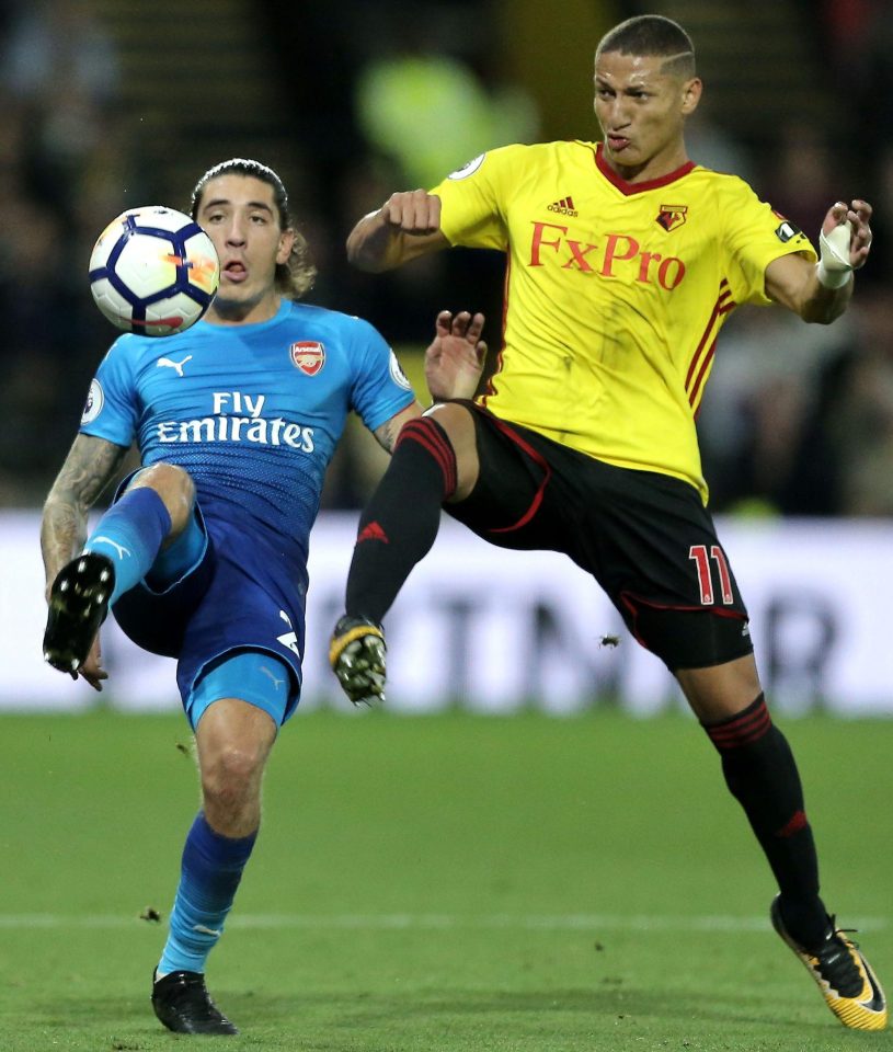  Hector Bellerin tangles with Richarlison as Watford went on to sneak a 2-1 victory