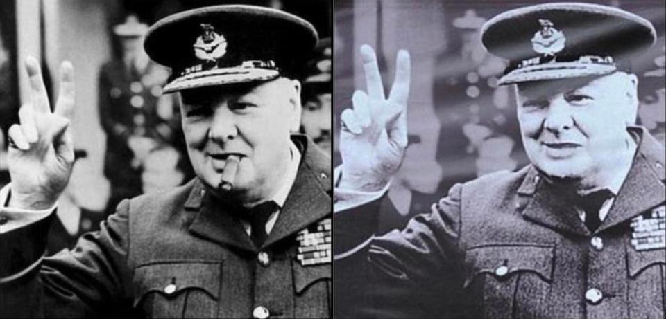  Winston Churchill making his famous two-fingered salute in the 1940s. Also famous is the cigar in his mouth but this was edited out when the picture went on display outside the Britain At War Experience in London.