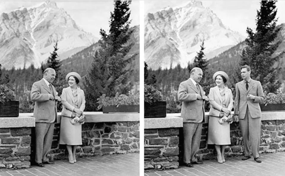  Canadian Prime Minister William Lyon Mackenzie King with the Queen's mother and King George VI who was edited out of the picture in Alberta, Canada, 1939