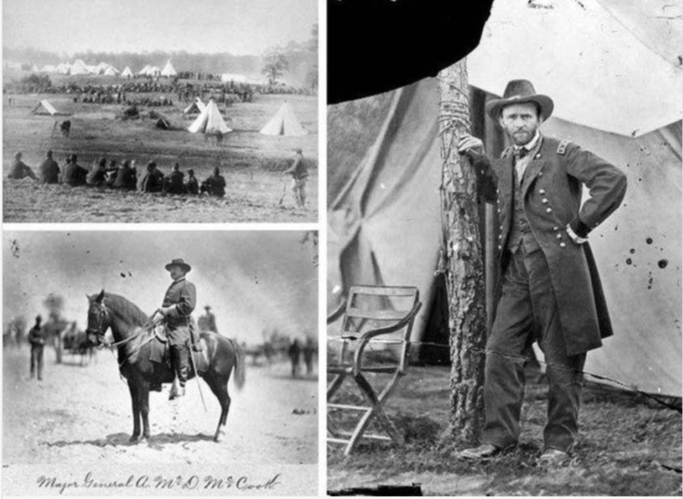  Three images that make-up the portrait of Ulysses S. Grant, former President and the Commanding General of the Union Army during the American civil war. One is the background of troops and tents, the horse and body belong to Major General Alexander M. McCook and only the head belongs to Grant