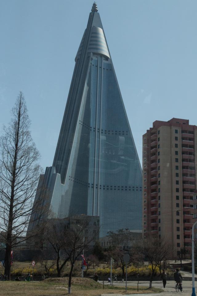  The Ryugyong Hotel is an unfinished 105-story pyramid-shaped skyscraper in Pyongyang