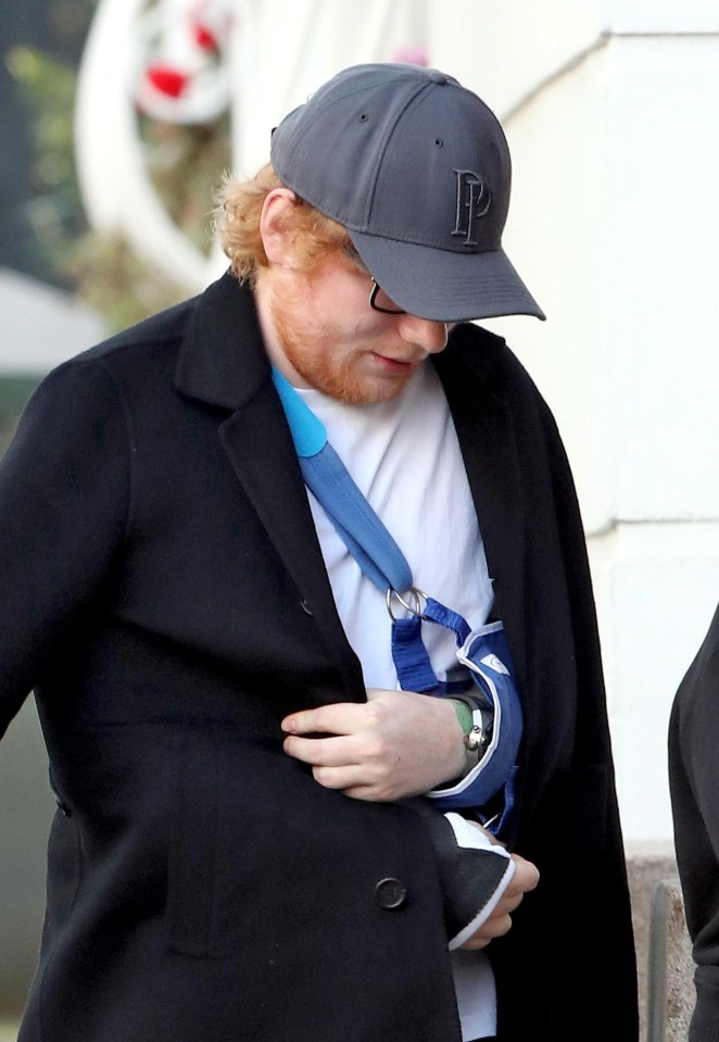 Ed Sheeran has been pictured for the first time since breaking his arm in a car accident