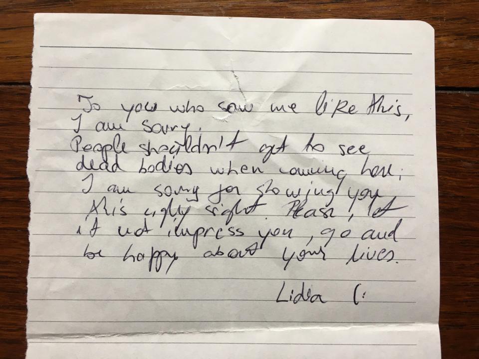  Lidia wrote a suicide note in English for visitors at the gallery, apologising for the 'ugly sight' of her body