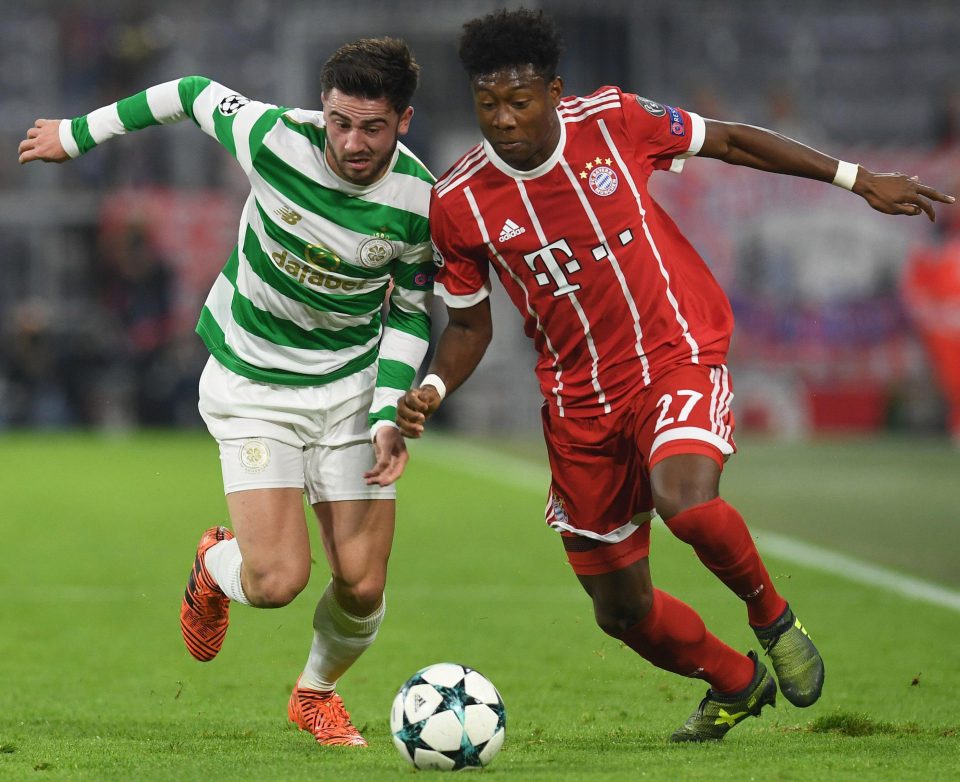  Bayern's David Alaba muscles in on Celtic's Costa Rican full-back Cristian Gamboa