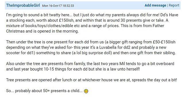  One Mumsnet user admitted that buying 50+ gifts per child was the norm in her household