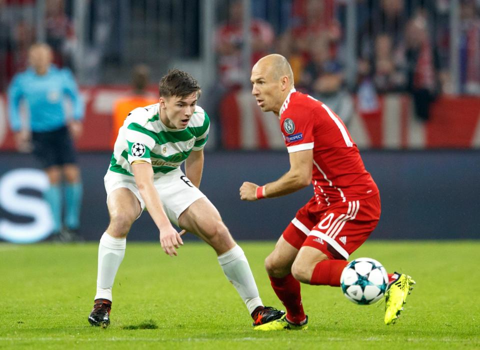  Kieran Tierney faces Arjen Robben in the Champions League