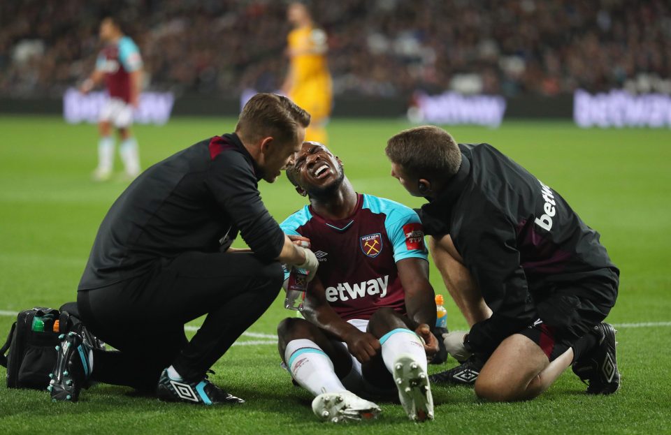  Michail Antonio is given assistance on the pitch after picking up a knock