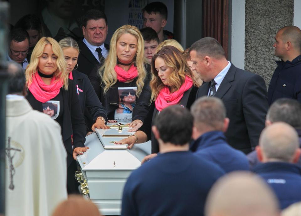  Karen Stewart's coffin is carried out of the church after the funeral in Dublin