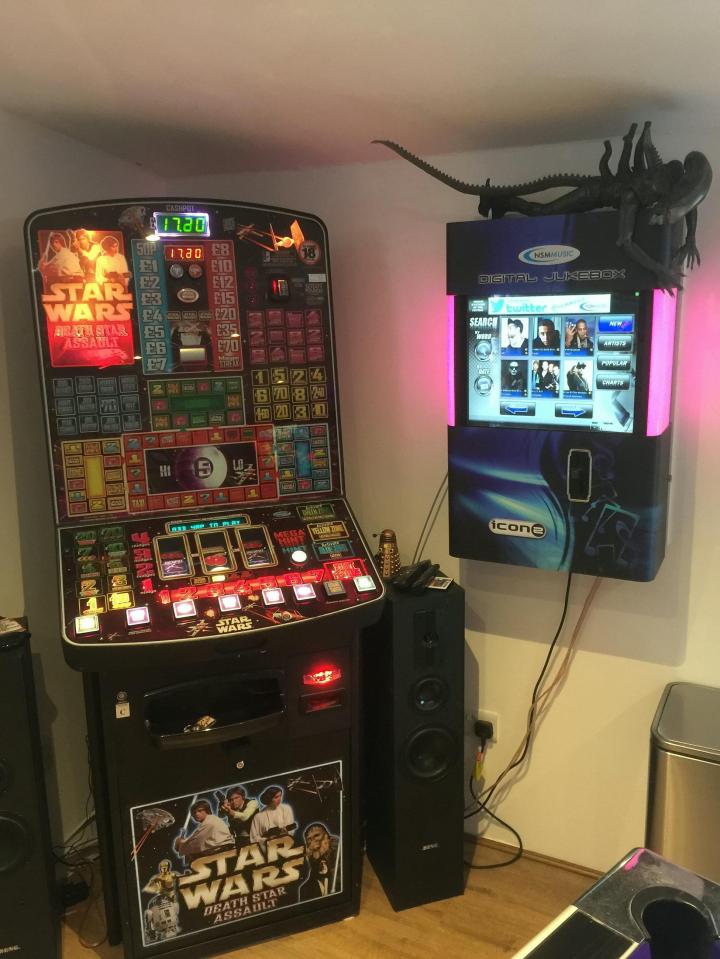  Eddie Mabin has transformed his Dorset man cave into a gaming arcade from his childhood, complete with fruit machines and Star Wars memorabilia