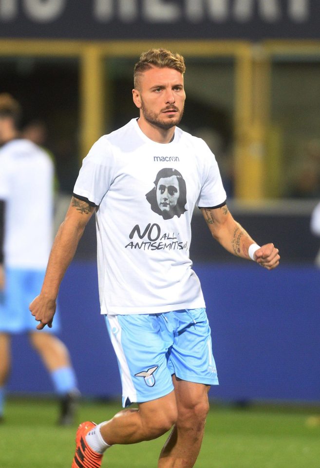  Lazio striker Ciro Immobile wears T-shirt bearing Anne Frank's face at Bologna