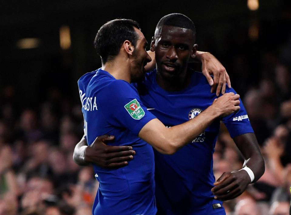  The German defender celebrates after netting against Everton in the first half in the Carabao Cup