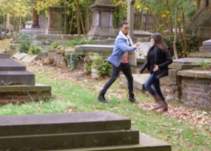 Aston and Janette can be seen rehearsing for their live performance in the graveyard