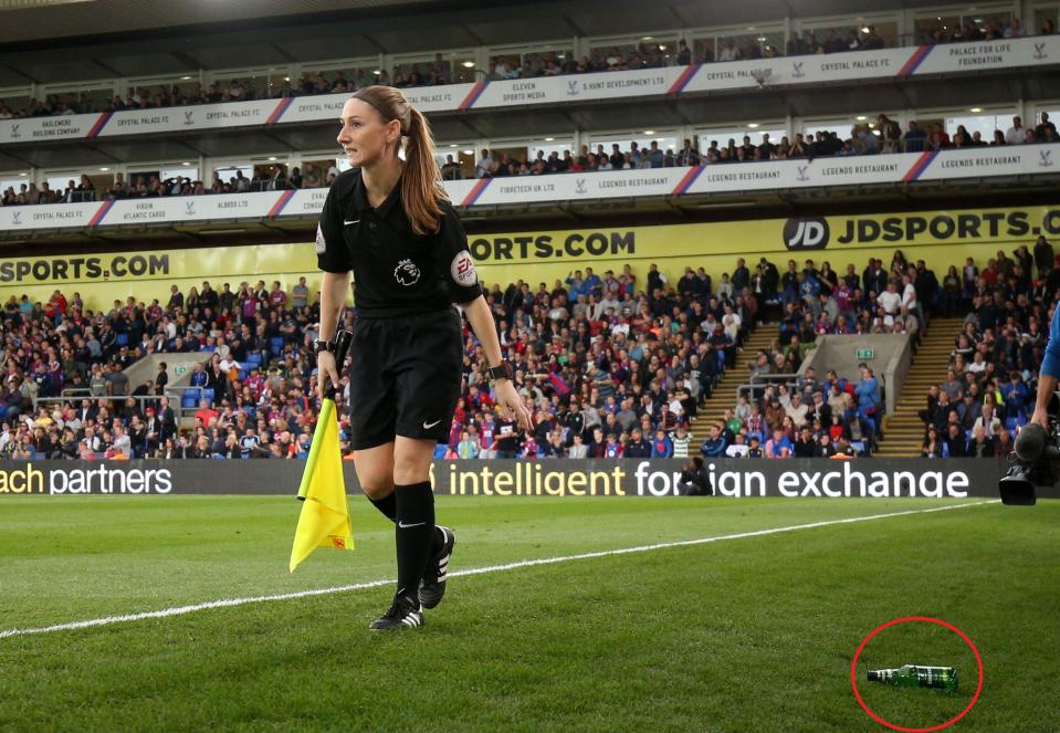  Female assistant Sian Massey-Ellis was nearly hit by a cider bottle allegedly thrown by a Chelsea fan