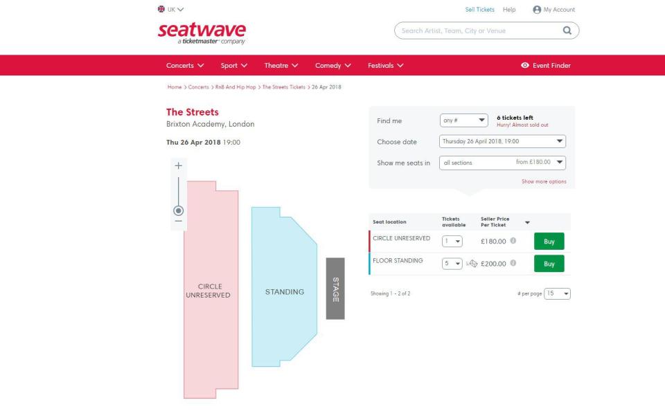  Seatwave also has a number of tickets for sale for £200 across the various tour dates