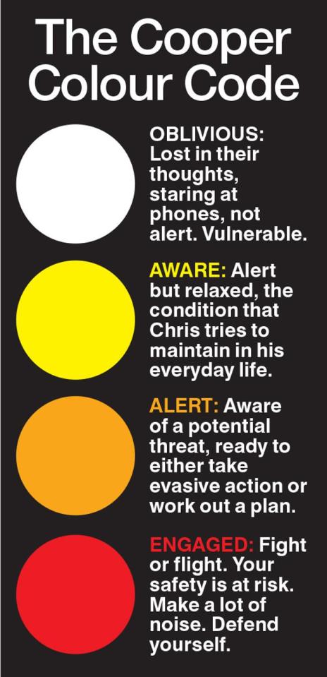 Ryan's Cooper Colour Code breaks down alertness levels into four colours 