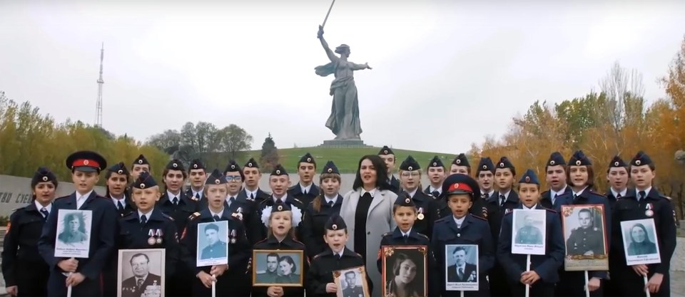 The patriotic cadets are filmed in Volgograd singing the pro-Russia anthem