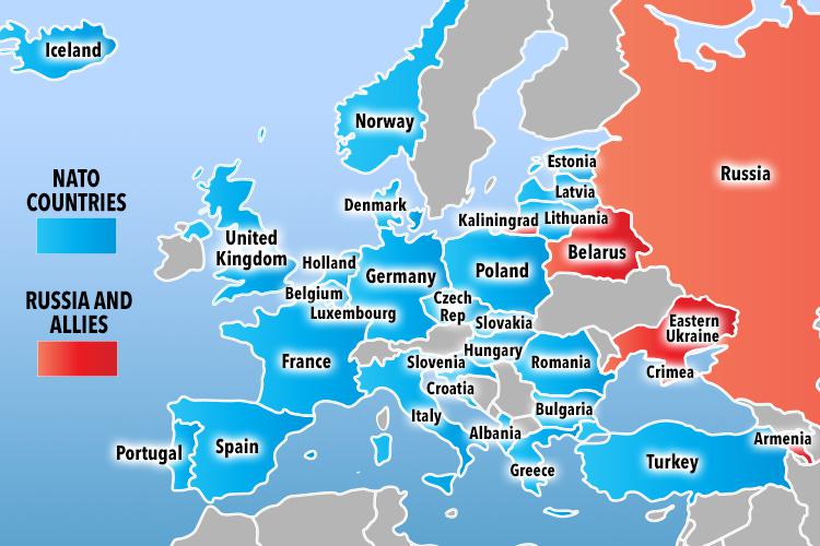  This image shows Nato members alongside traditional foe Russia and its allies