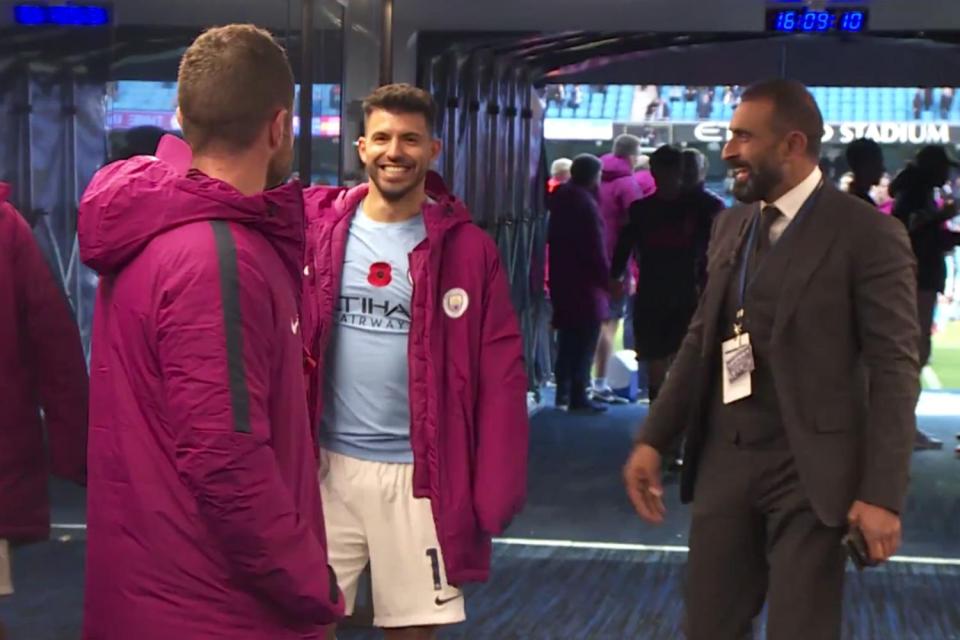  Serio Aguero followed boss Pep Guardiola towards the dressing rooms