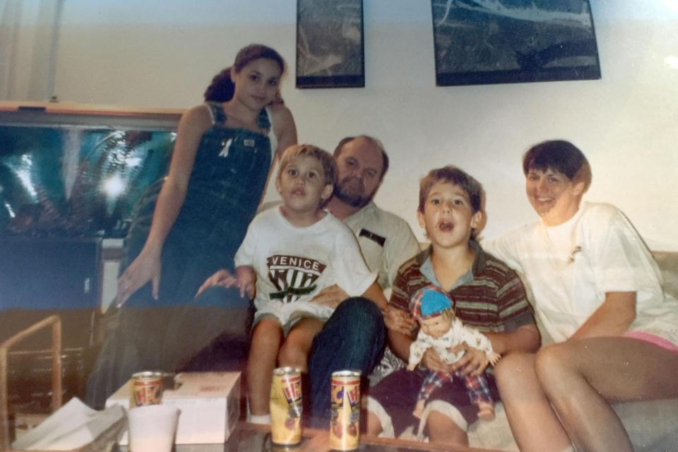  Meghan poses in dungarees alongside Dad Thomas Markle I, plus her half-brother, Thomas Markle II and her nephew Tyler