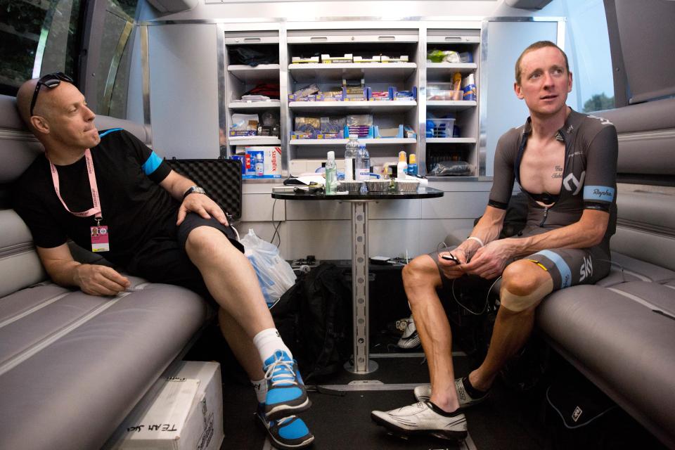  Brailsford and Sir Bradley Wiggins on the Team Sky bus together in Italy in 2011