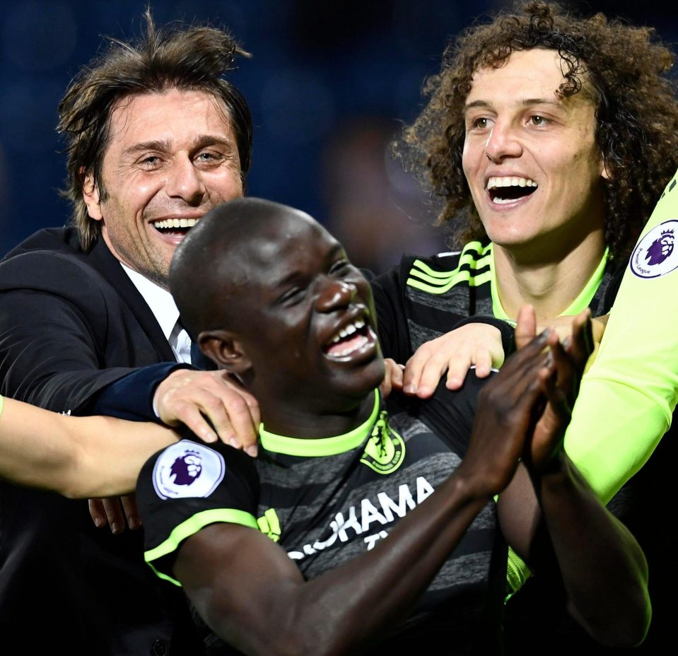  Happier days for David Luiz as he celebrates winning the Premier League with boss Antonio Conte and N'Golo Kante