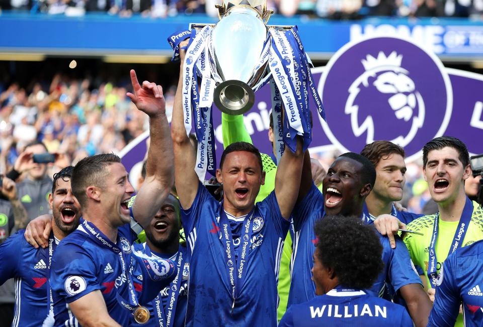  Nemanja Matic poses after winning the Premier League with Chelsea