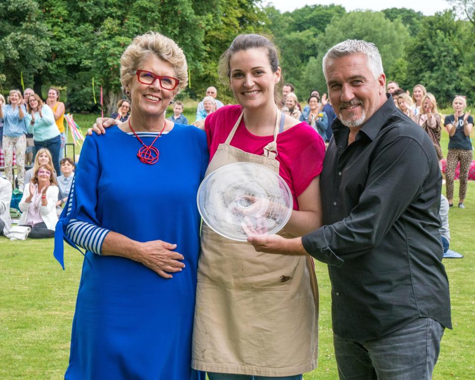  Paul Hollywood with judge Prue Leith, right, and the 2017 Bake Off winner Sophie Faldo, middle