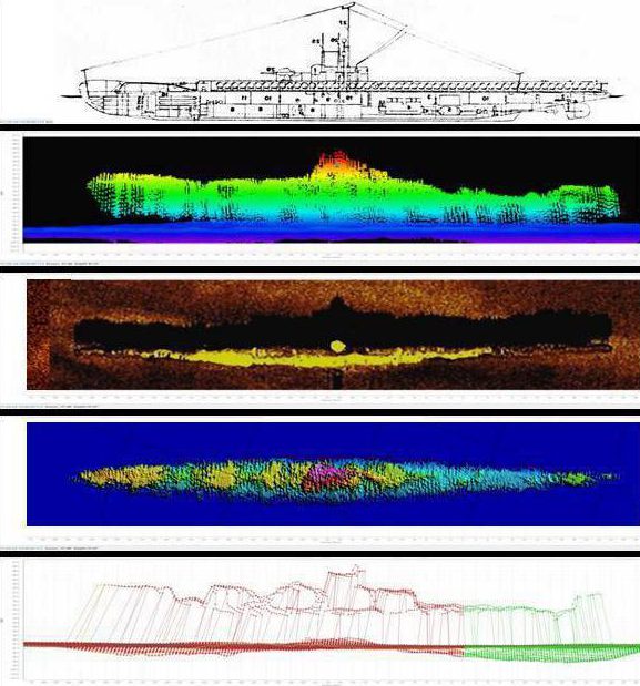  A drawing of HMS Narwhal presented along with radar scans of the vessel spotted at the bottom of the ocean