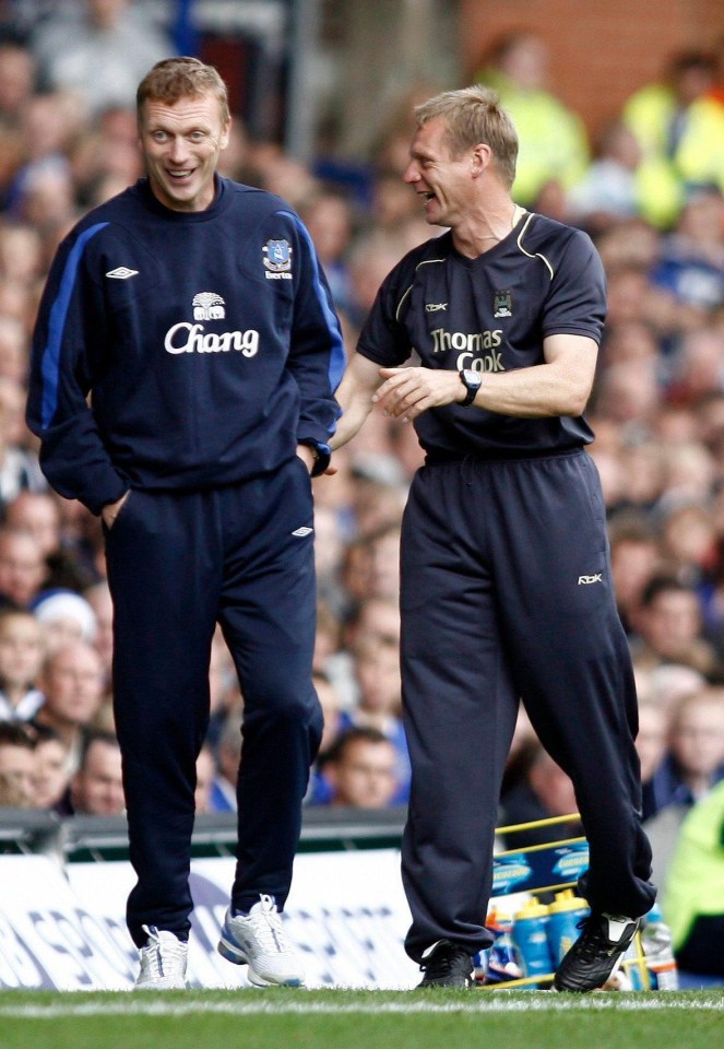 Old friends Stuart Pearce and David Moyes share a joke when the latter was manager of Everton