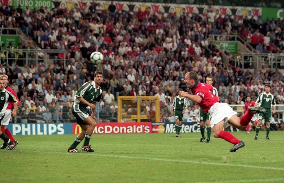  Alan Shearer dives to head the winner for England in a Euro 2000 group game against Germany