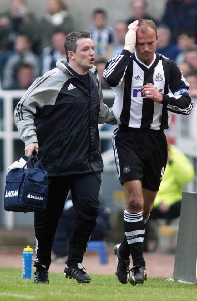  Then-Newcastle star Alan Shearer is taken off for treatment after a clash of heads with Villa midfielder Gareth Barry in April 2003