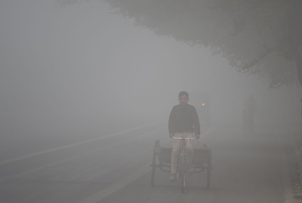 A man bikes through the dense New Delhi smog