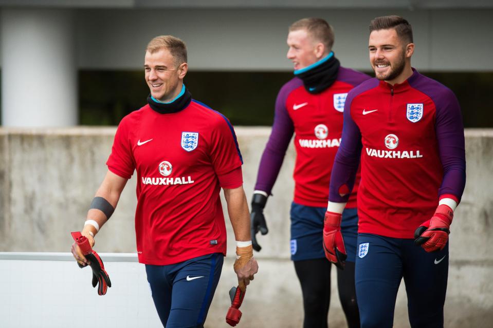  Joe Hart, Jordan Pickford and Jack Butland during a Three Lions training session