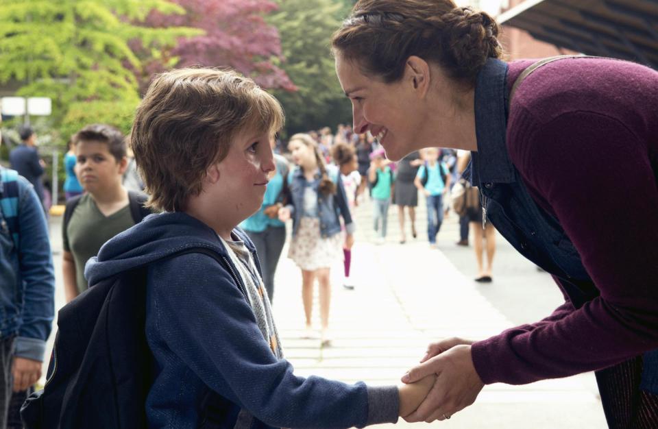 Julia Roberts and Jacob Tremblay share a tender moment in the movie whilst he at school