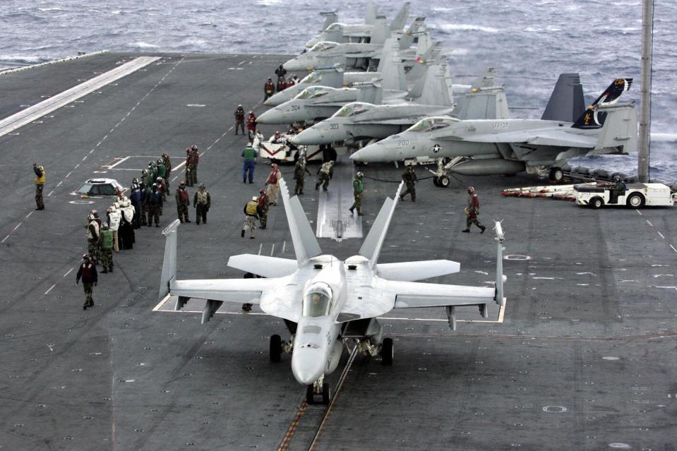  F18 Super Hornets are housed on carriers leading drills in Korean waters