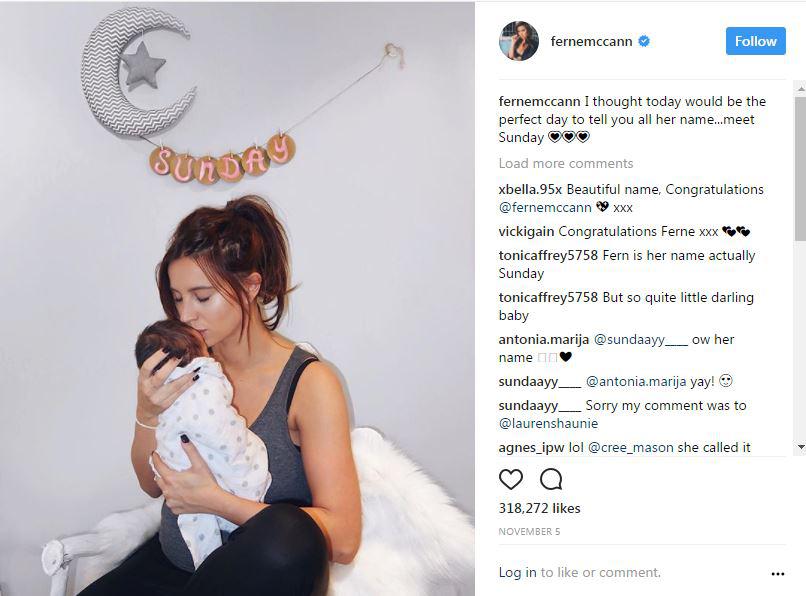 Ferne’s post on her Instagram introducing daughter Sunday