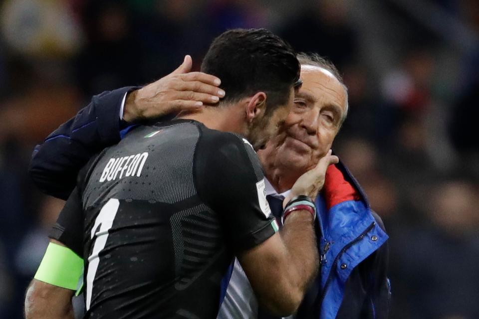  Gianluigi Buffon is consoled by current manager Gian Piero Ventura