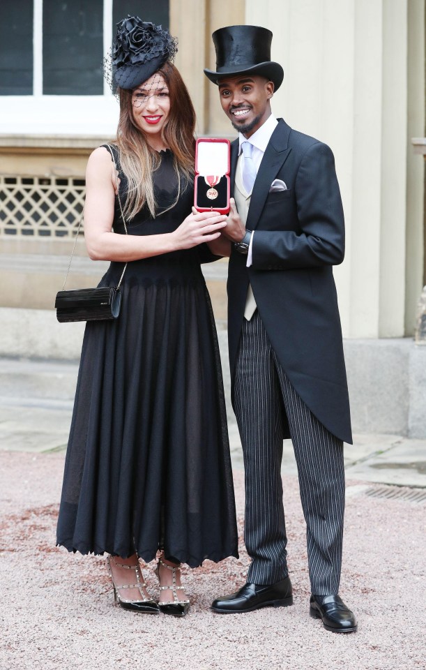 Mo Farah with his wife Tania after receiving the gong