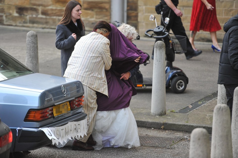 Paula Williamson arrived at the prison in a vintage Mercedes with ‘Just Married’ on the bumper